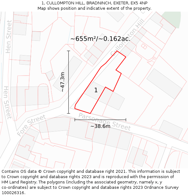 1, CULLOMPTON HILL, BRADNINCH, EXETER, EX5 4NP: Plot and title map