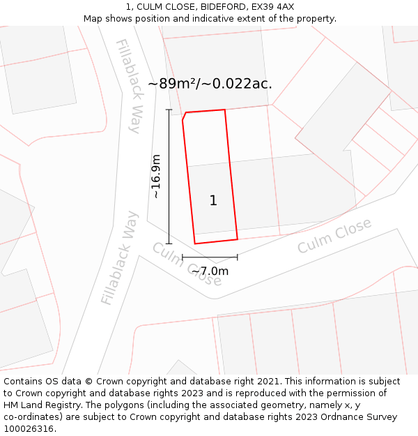 1, CULM CLOSE, BIDEFORD, EX39 4AX: Plot and title map