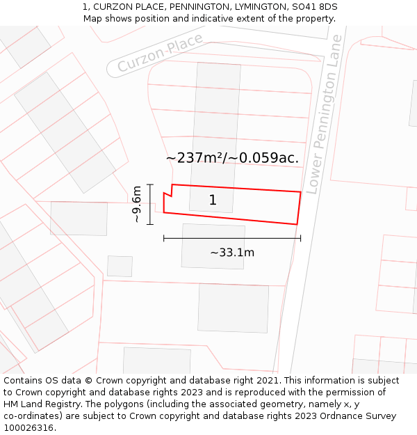 1, CURZON PLACE, PENNINGTON, LYMINGTON, SO41 8DS: Plot and title map