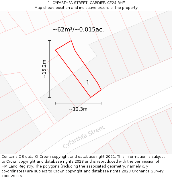 1, CYFARTHFA STREET, CARDIFF, CF24 3HE: Plot and title map