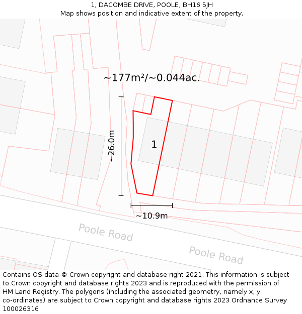 1, DACOMBE DRIVE, POOLE, BH16 5JH: Plot and title map