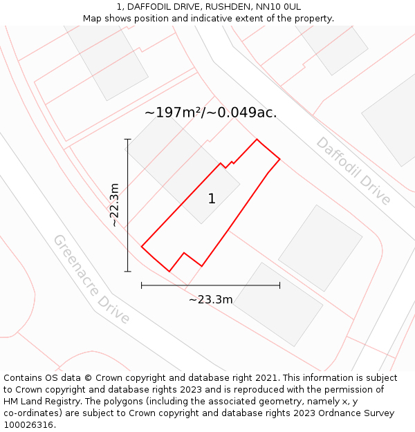 1, DAFFODIL DRIVE, RUSHDEN, NN10 0UL: Plot and title map