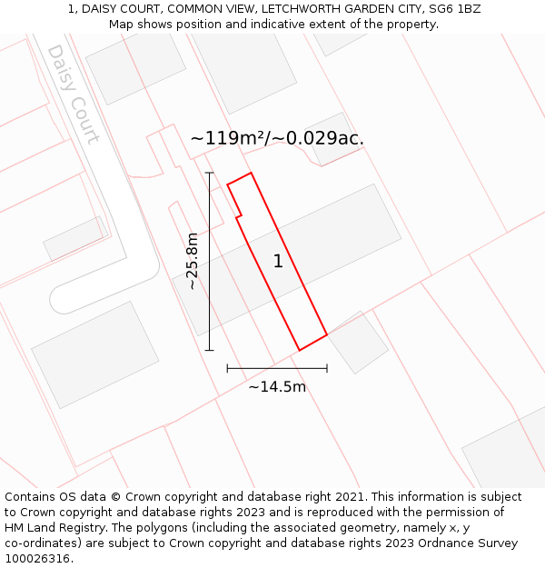 1, DAISY COURT, COMMON VIEW, LETCHWORTH GARDEN CITY, SG6 1BZ: Plot and title map