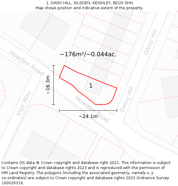 1, DAISY HILL, SILSDEN, KEIGHLEY, BD20 0HN: Plot and title map