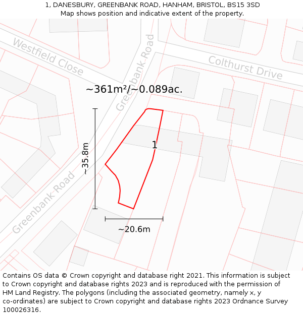 1, DANESBURY, GREENBANK ROAD, HANHAM, BRISTOL, BS15 3SD: Plot and title map
