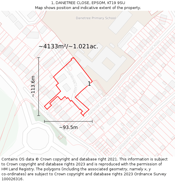 1, DANETREE CLOSE, EPSOM, KT19 9SU: Plot and title map