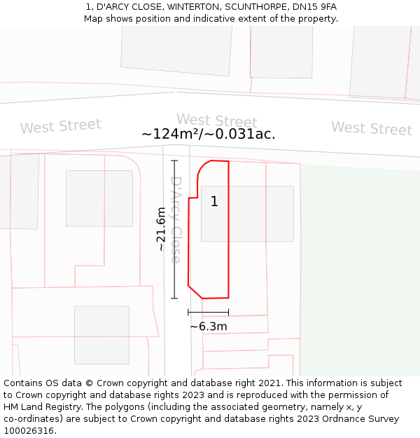 1, D'ARCY CLOSE, WINTERTON, SCUNTHORPE, DN15 9FA: Plot and title map