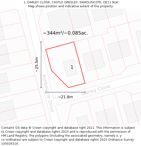1, DARLEY CLOSE, CASTLE GRESLEY, SWADLINCOTE, DE11 9LW: Plot and title map