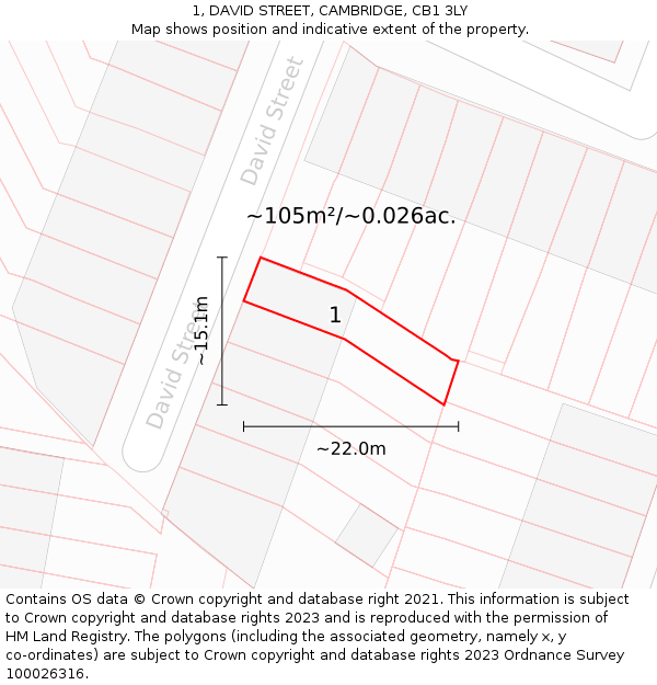 1, DAVID STREET, CAMBRIDGE, CB1 3LY: Plot and title map