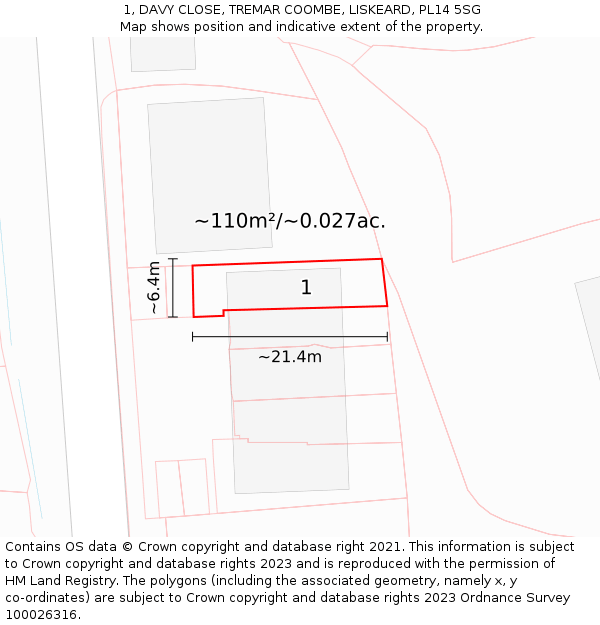 1, DAVY CLOSE, TREMAR COOMBE, LISKEARD, PL14 5SG: Plot and title map