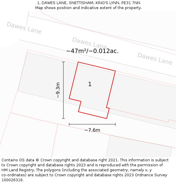 1, DAWES LANE, SNETTISHAM, KING'S LYNN, PE31 7NN: Plot and title map