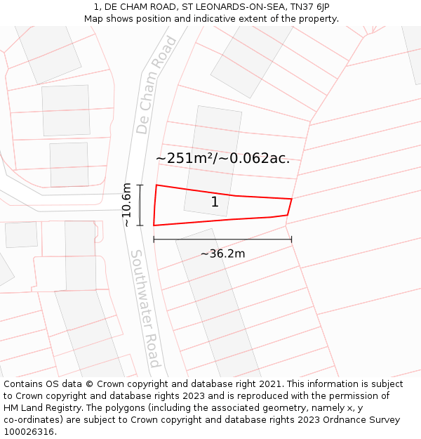 1, DE CHAM ROAD, ST LEONARDS-ON-SEA, TN37 6JP: Plot and title map