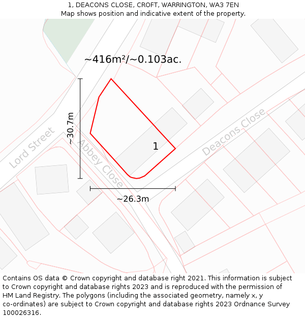 1, DEACONS CLOSE, CROFT, WARRINGTON, WA3 7EN: Plot and title map