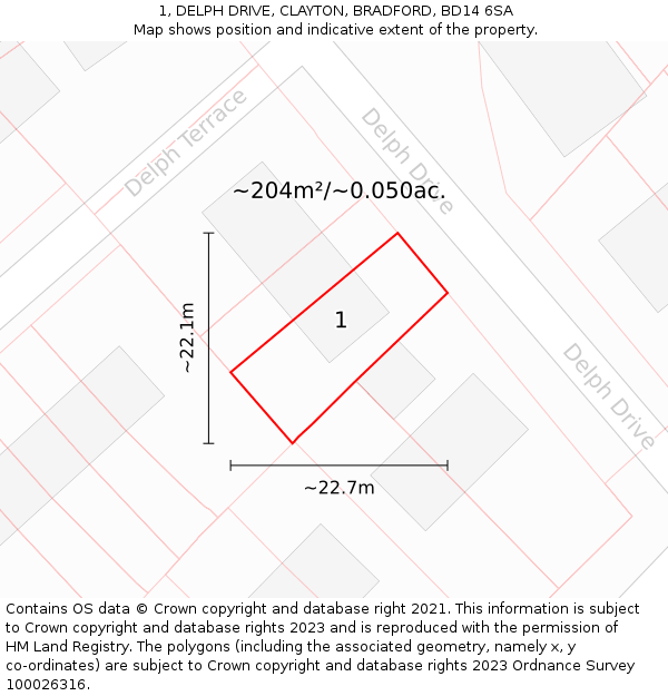1, DELPH DRIVE, CLAYTON, BRADFORD, BD14 6SA: Plot and title map