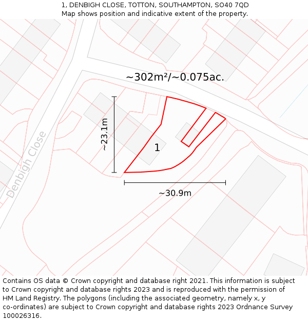 1, DENBIGH CLOSE, TOTTON, SOUTHAMPTON, SO40 7QD: Plot and title map