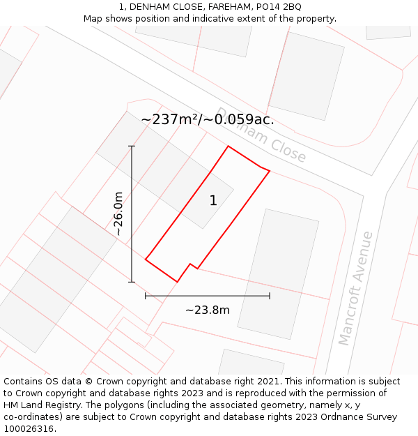 1, DENHAM CLOSE, FAREHAM, PO14 2BQ: Plot and title map