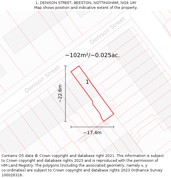 1, DENISON STREET, BEESTON, NOTTINGHAM, NG9 1AY: Plot and title map