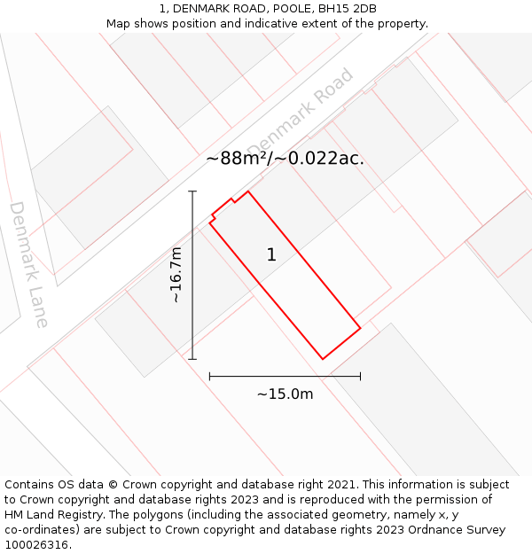 1, DENMARK ROAD, POOLE, BH15 2DB: Plot and title map