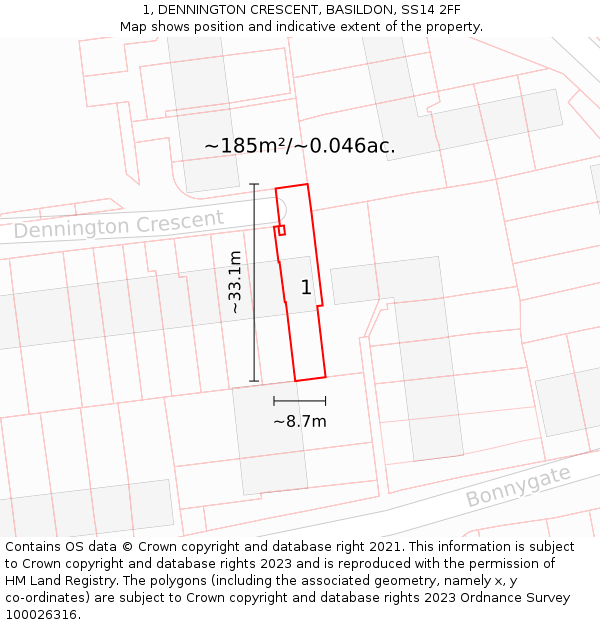 1, DENNINGTON CRESCENT, BASILDON, SS14 2FF: Plot and title map