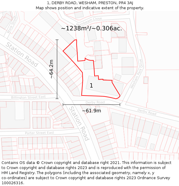 1, DERBY ROAD, WESHAM, PRESTON, PR4 3AJ: Plot and title map