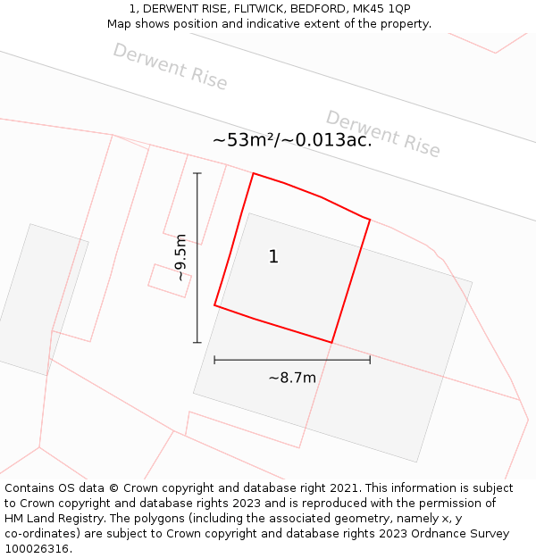 1, DERWENT RISE, FLITWICK, BEDFORD, MK45 1QP: Plot and title map