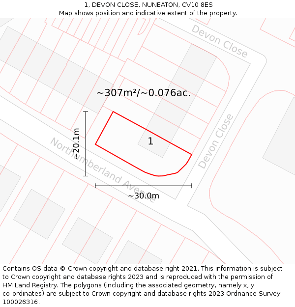 1, DEVON CLOSE, NUNEATON, CV10 8ES: Plot and title map