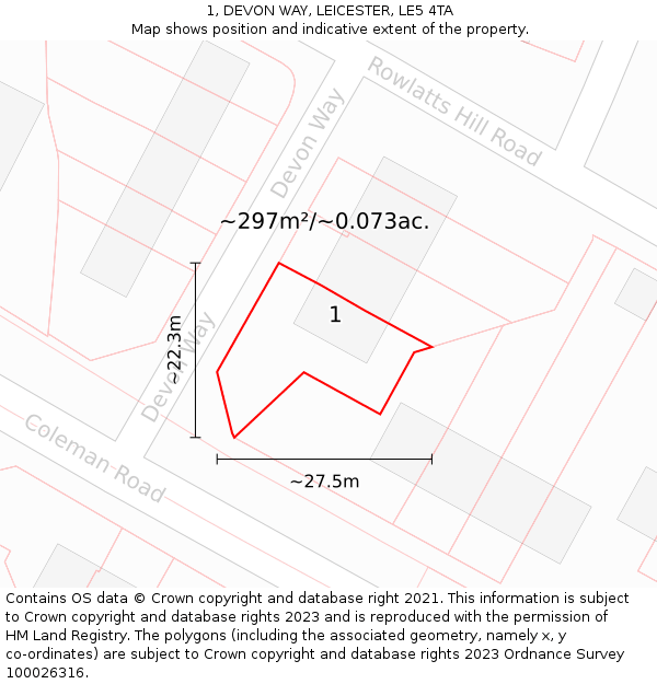 1, DEVON WAY, LEICESTER, LE5 4TA: Plot and title map