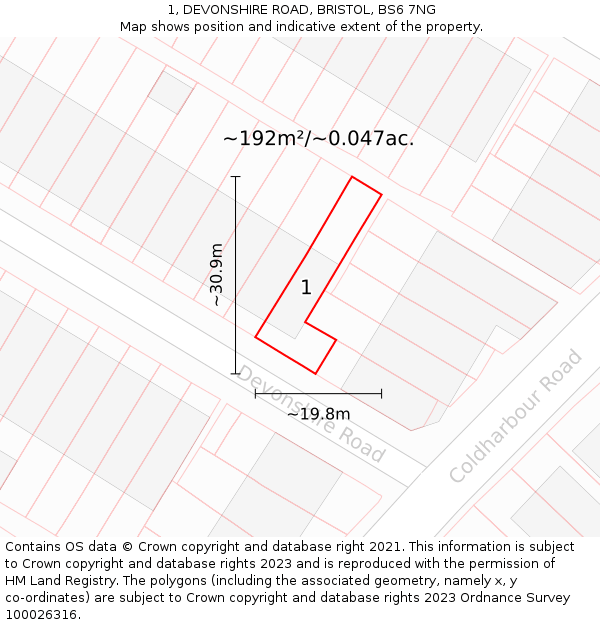 1, DEVONSHIRE ROAD, BRISTOL, BS6 7NG: Plot and title map