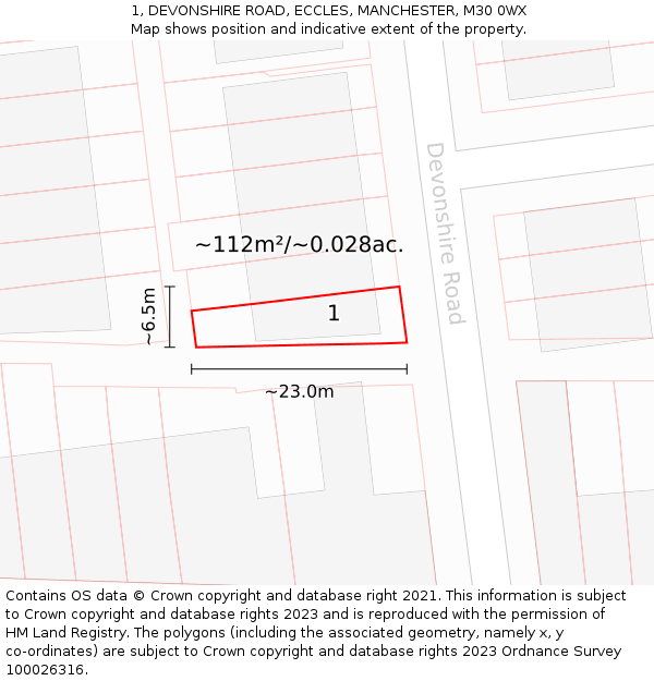 1, DEVONSHIRE ROAD, ECCLES, MANCHESTER, M30 0WX: Plot and title map