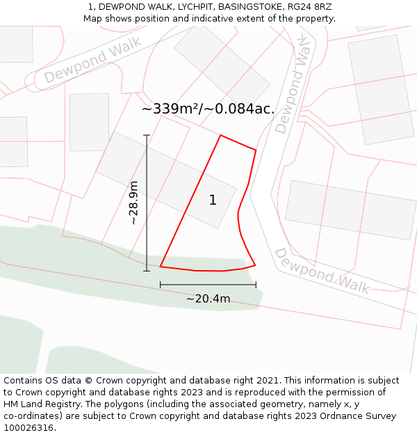 1, DEWPOND WALK, LYCHPIT, BASINGSTOKE, RG24 8RZ: Plot and title map