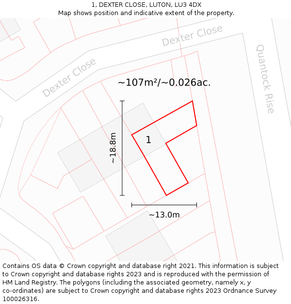 1, DEXTER CLOSE, LUTON, LU3 4DX: Plot and title map