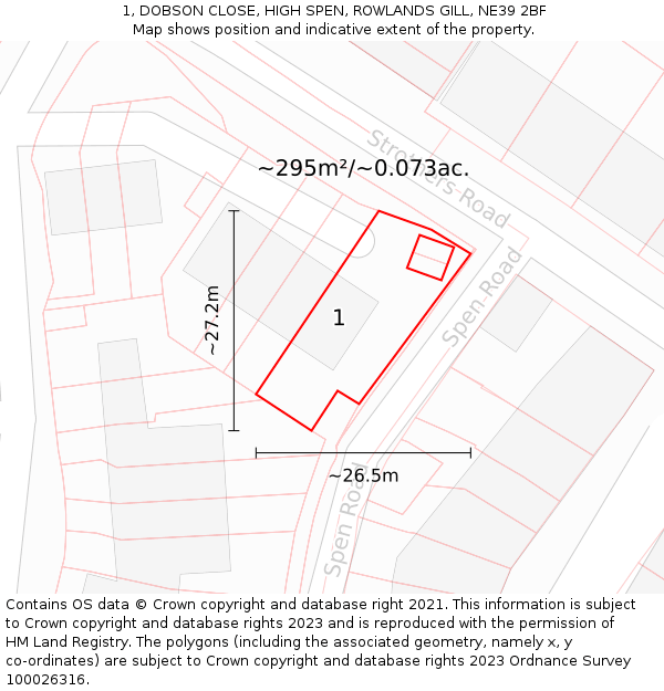 1, DOBSON CLOSE, HIGH SPEN, ROWLANDS GILL, NE39 2BF: Plot and title map