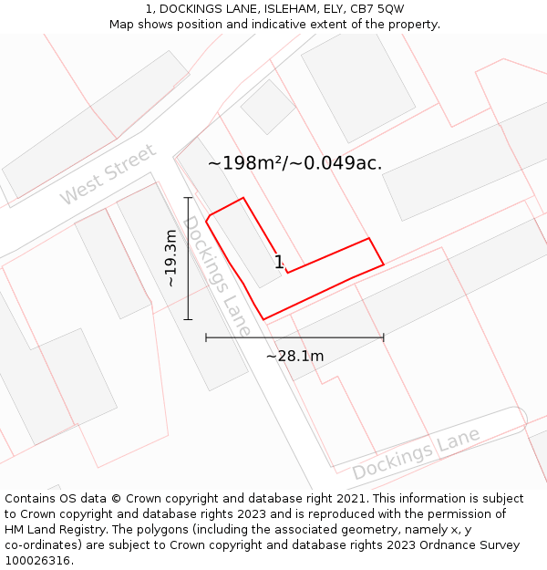 1, DOCKINGS LANE, ISLEHAM, ELY, CB7 5QW: Plot and title map