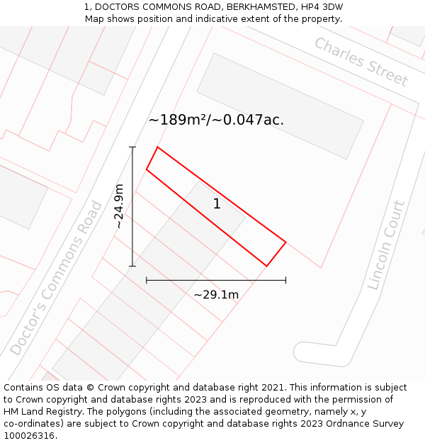 1, DOCTORS COMMONS ROAD, BERKHAMSTED, HP4 3DW: Plot and title map