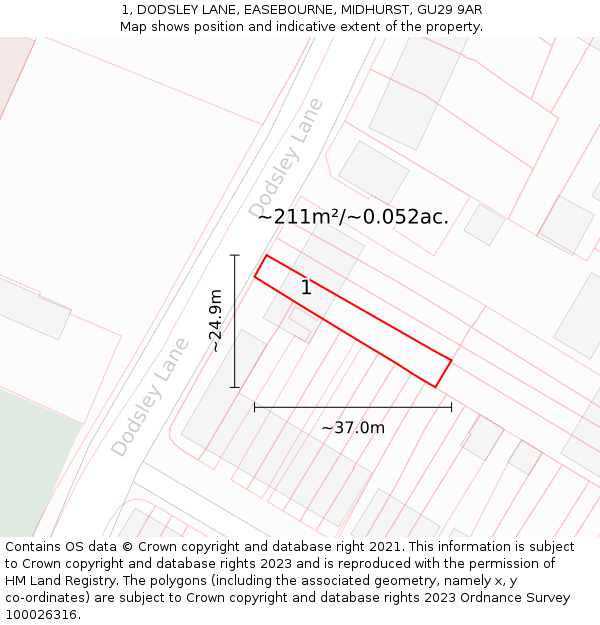 1, DODSLEY LANE, EASEBOURNE, MIDHURST, GU29 9AR: Plot and title map