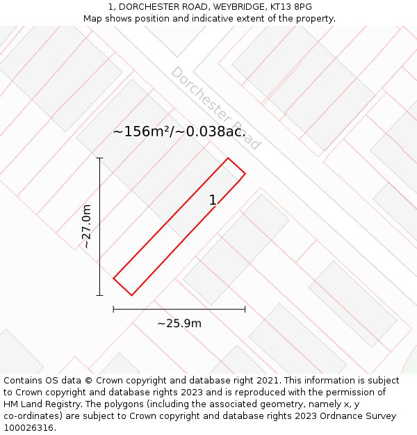 1, DORCHESTER ROAD, WEYBRIDGE, KT13 8PG: Plot and title map