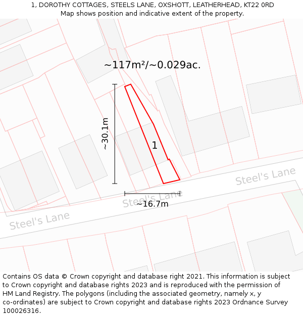 1, DOROTHY COTTAGES, STEELS LANE, OXSHOTT, LEATHERHEAD, KT22 0RD: Plot and title map