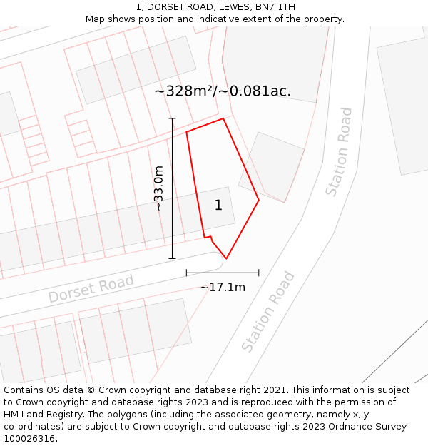 1, DORSET ROAD, LEWES, BN7 1TH: Plot and title map