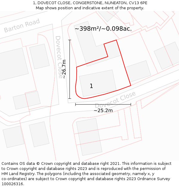 1, DOVECOT CLOSE, CONGERSTONE, NUNEATON, CV13 6PE: Plot and title map