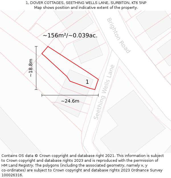 1, DOVER COTTAGES, SEETHING WELLS LANE, SURBITON, KT6 5NP: Plot and title map