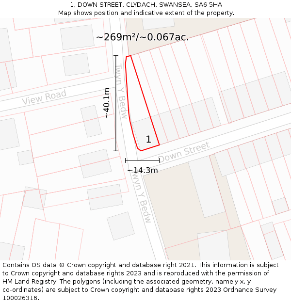 1, DOWN STREET, CLYDACH, SWANSEA, SA6 5HA: Plot and title map