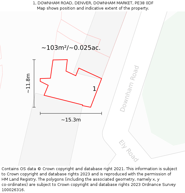 1, DOWNHAM ROAD, DENVER, DOWNHAM MARKET, PE38 0DF: Plot and title map