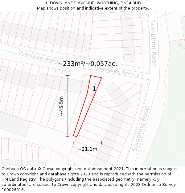 1, DOWNLANDS AVENUE, WORTHING, BN14 9HD: Plot and title map