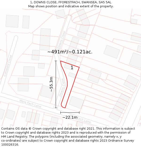 1, DOWNS CLOSE, FFORESTFACH, SWANSEA, SA5 5AL: Plot and title map