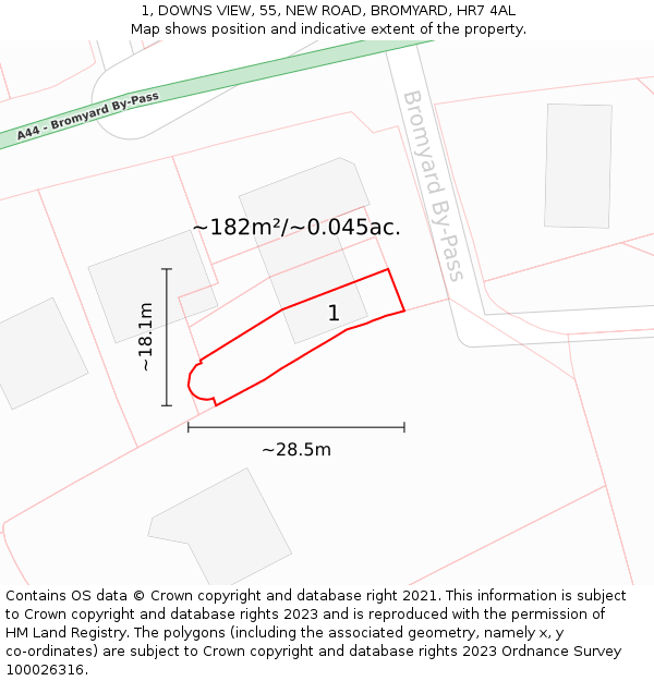 1, DOWNS VIEW, 55, NEW ROAD, BROMYARD, HR7 4AL: Plot and title map