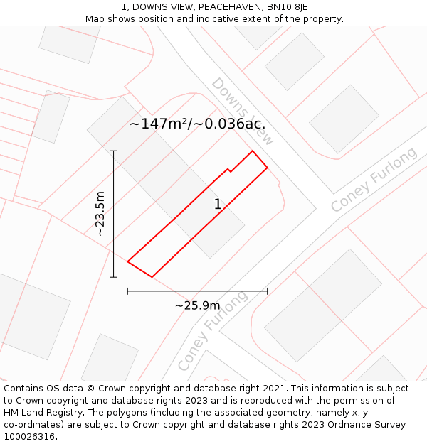 1, DOWNS VIEW, PEACEHAVEN, BN10 8JE: Plot and title map