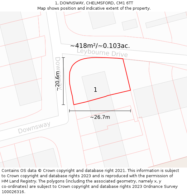1, DOWNSWAY, CHELMSFORD, CM1 6TT: Plot and title map