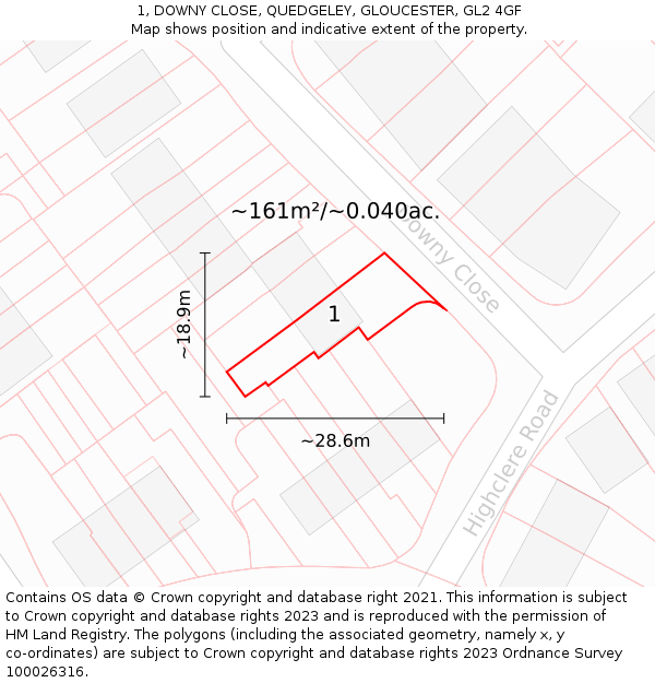 1, DOWNY CLOSE, QUEDGELEY, GLOUCESTER, GL2 4GF: Plot and title map