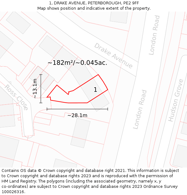 1, DRAKE AVENUE, PETERBOROUGH, PE2 9FF: Plot and title map