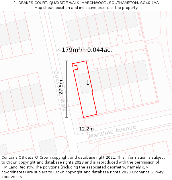 1, DRAKES COURT, QUAYSIDE WALK, MARCHWOOD, SOUTHAMPTON, SO40 4AA: Plot and title map